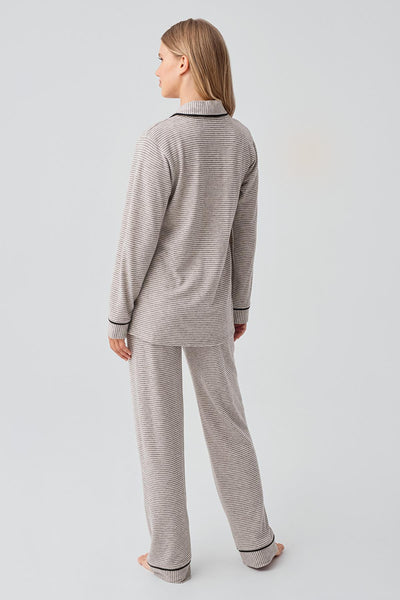 Uzun Kollu Düğmeli Esnek Yumuşak Dokulu Viskoz Pijama Takım 18217