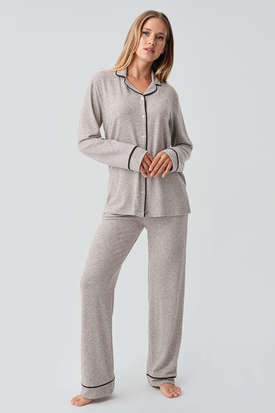 Uzun Kollu Düğmeli Esnek Yumuşak Dokulu Viskoz Pijama Takım 18217