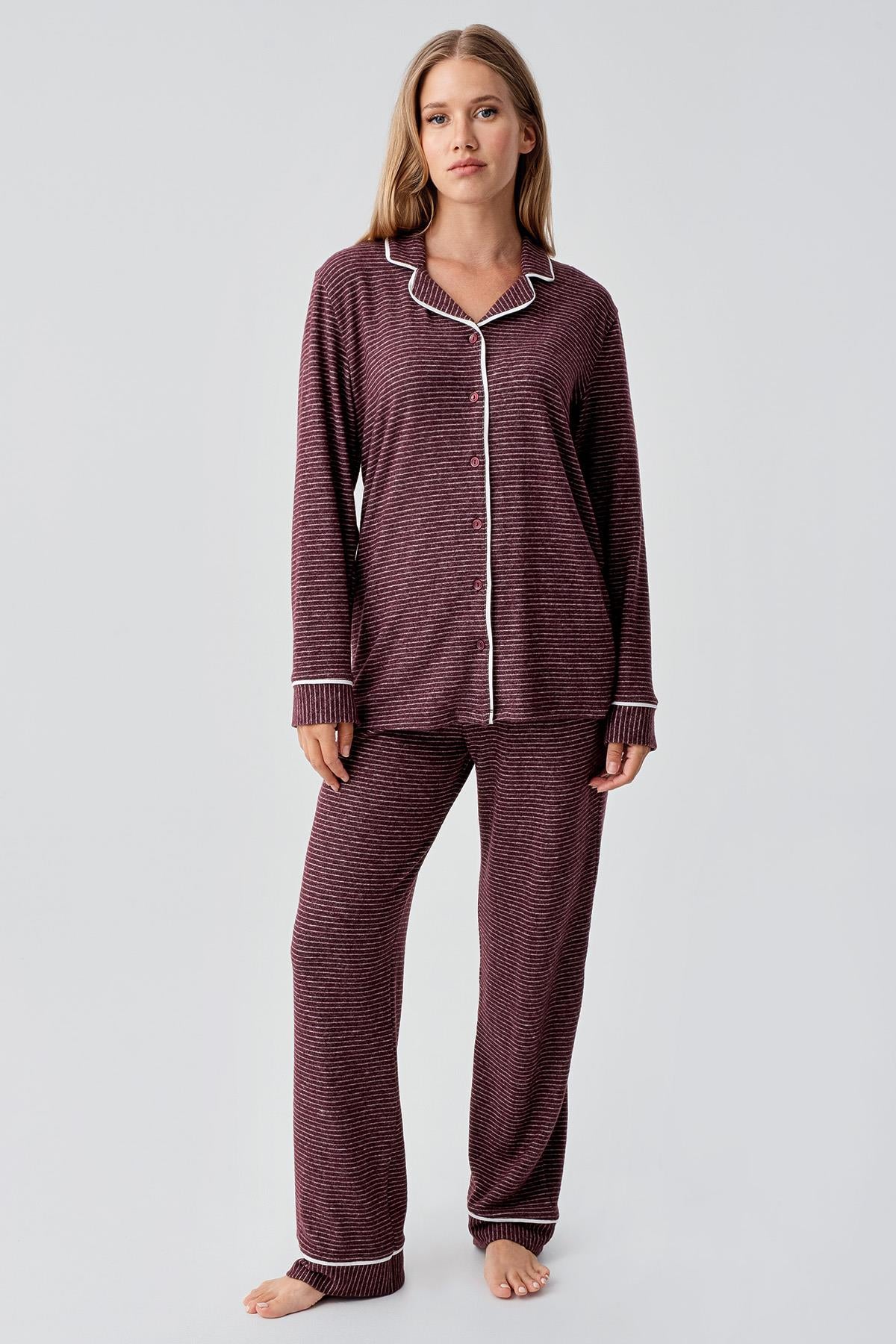 Uzun Kollu Düğmeli Esnek Yumuşak Dokulu Viskoz Pijama Takım 18217