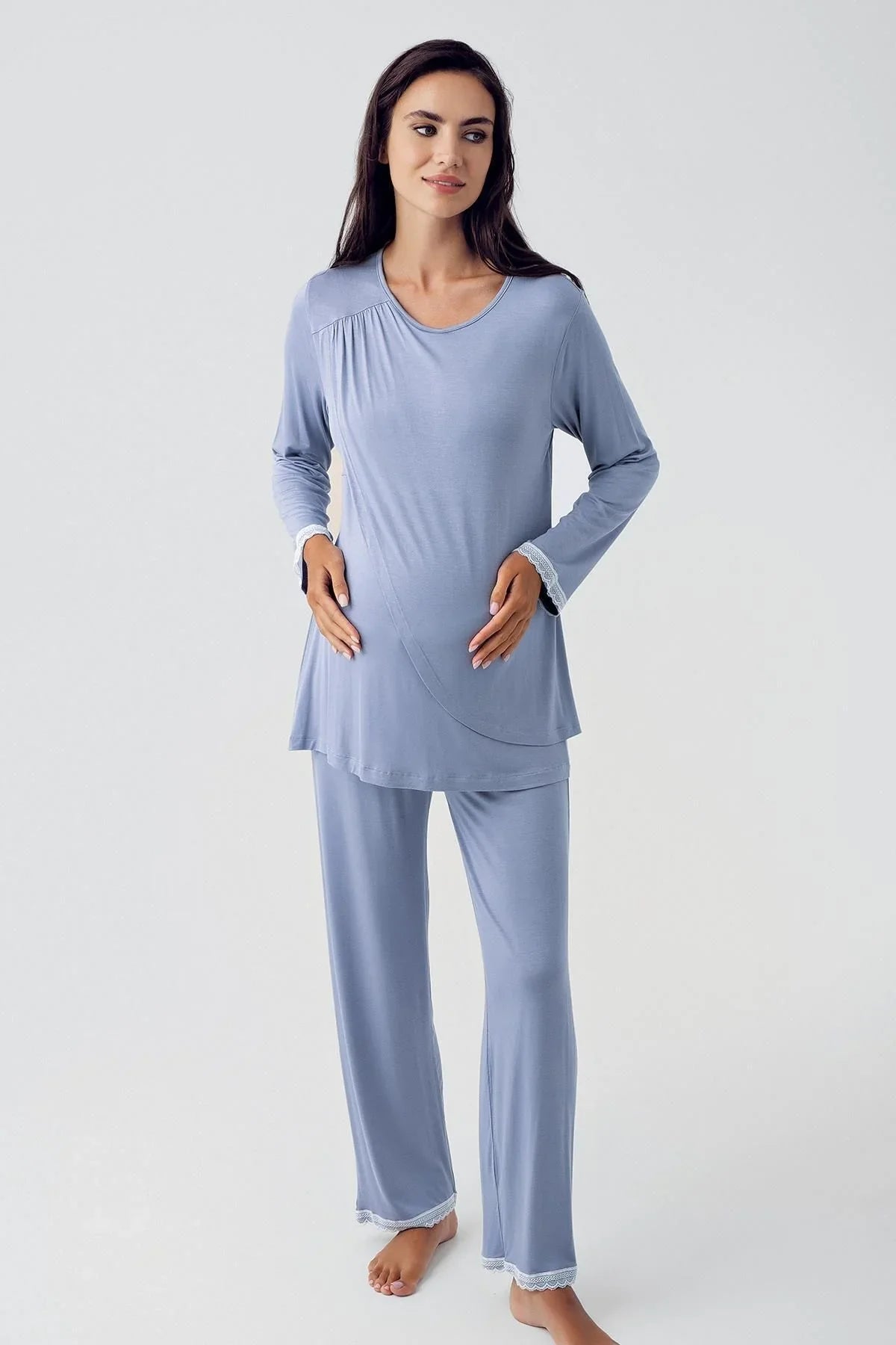 Uzun Kollu Emzirme Bölmeli Likralı Viskoz Hamile Pijama Takım 15209