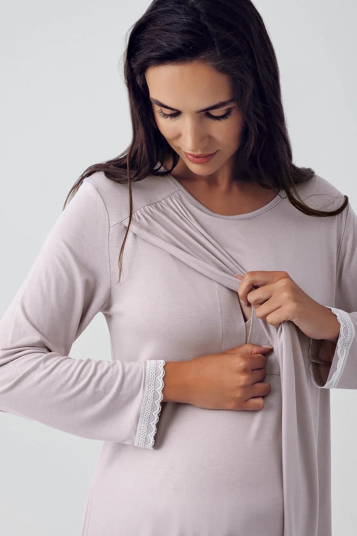 Uzun Kollu Emzirme Bölmeli Likralı Viskoz Hamile Pijama Takım 15209