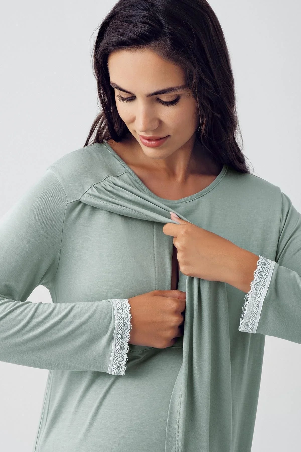 Uzun Kollu Emzirme Bölmeli Likralı Viskoz Hamile Pijama Takım 15209