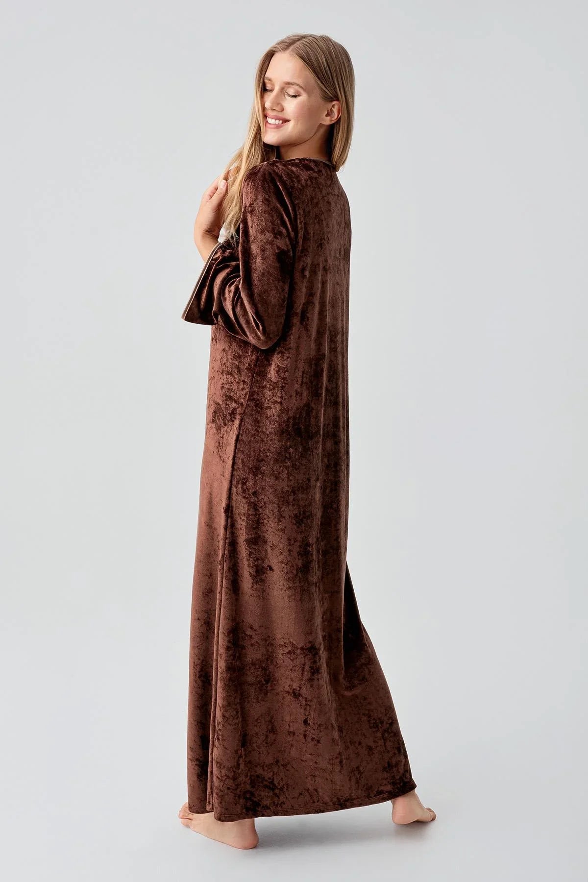 Uzun Kollu Esnek Kadife Viskoz Elbise 21117