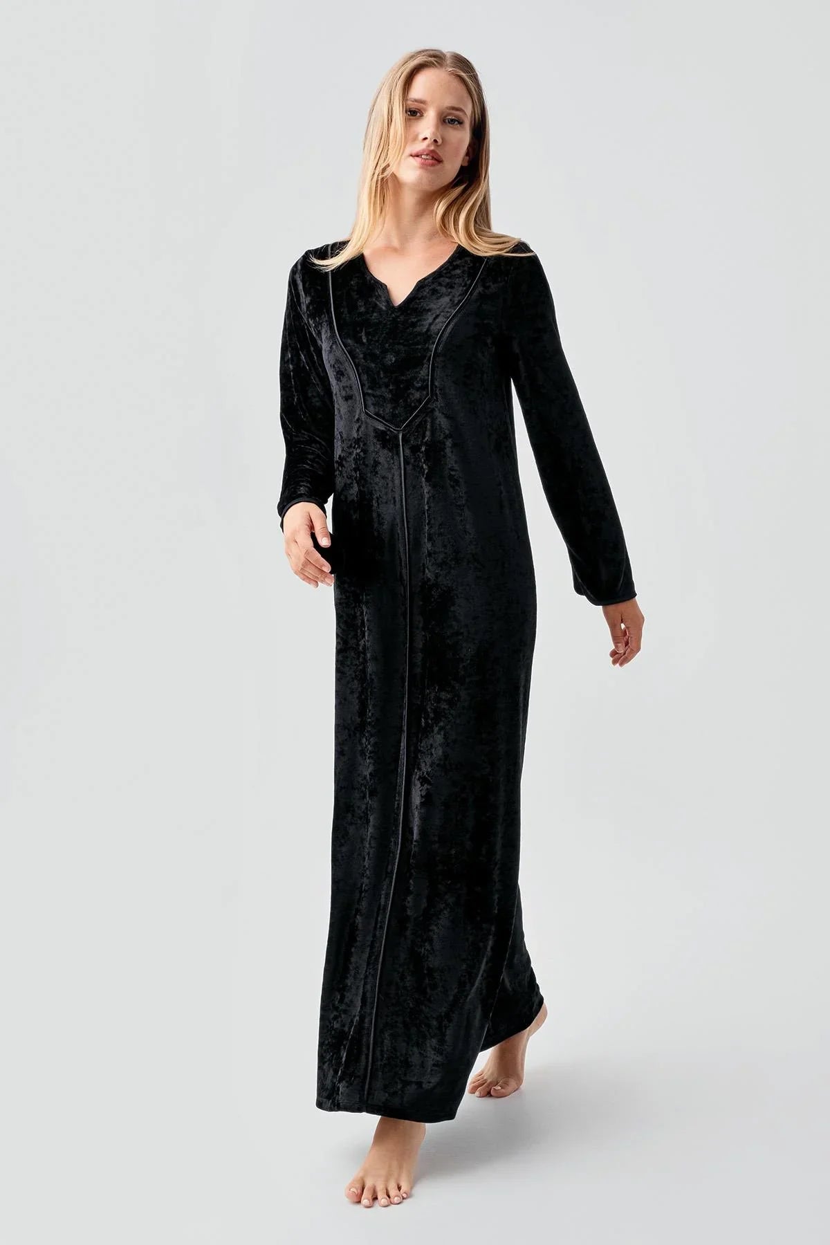 Uzun Kollu Esnek Kadife Viskoz Elbise 21117