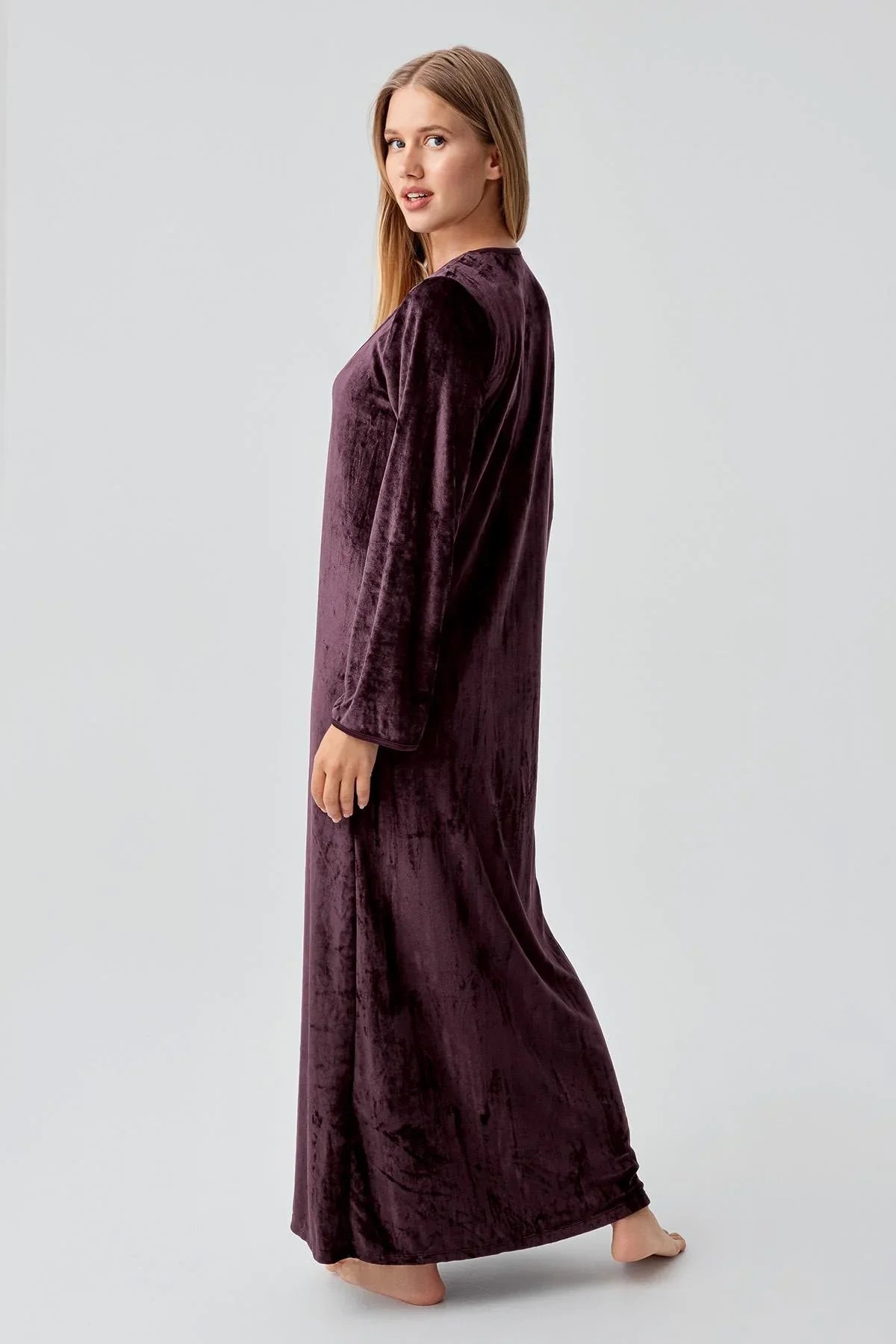 Uzun Kollu Esnek Kadife Viskoz Elbise 21117