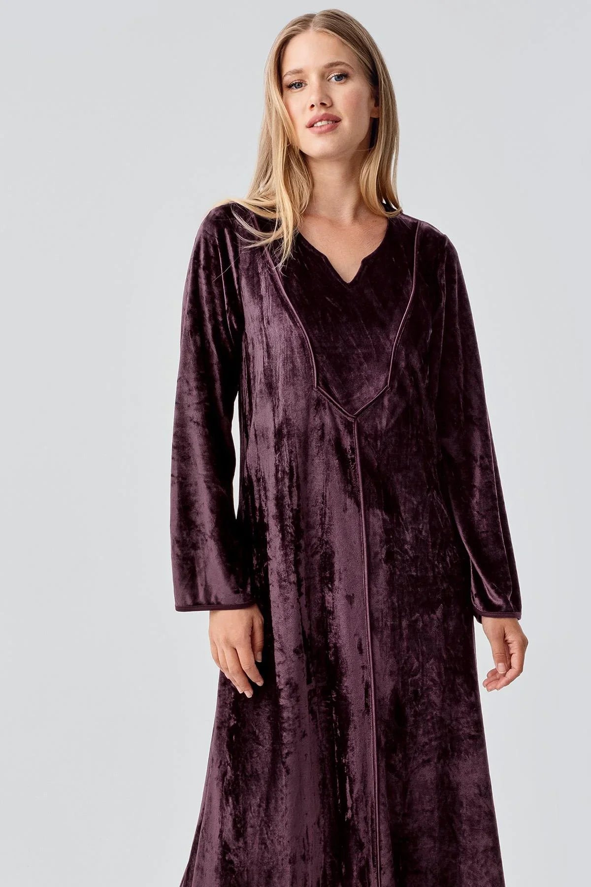 Uzun Kollu Esnek Kadife Viskoz Elbise 21117