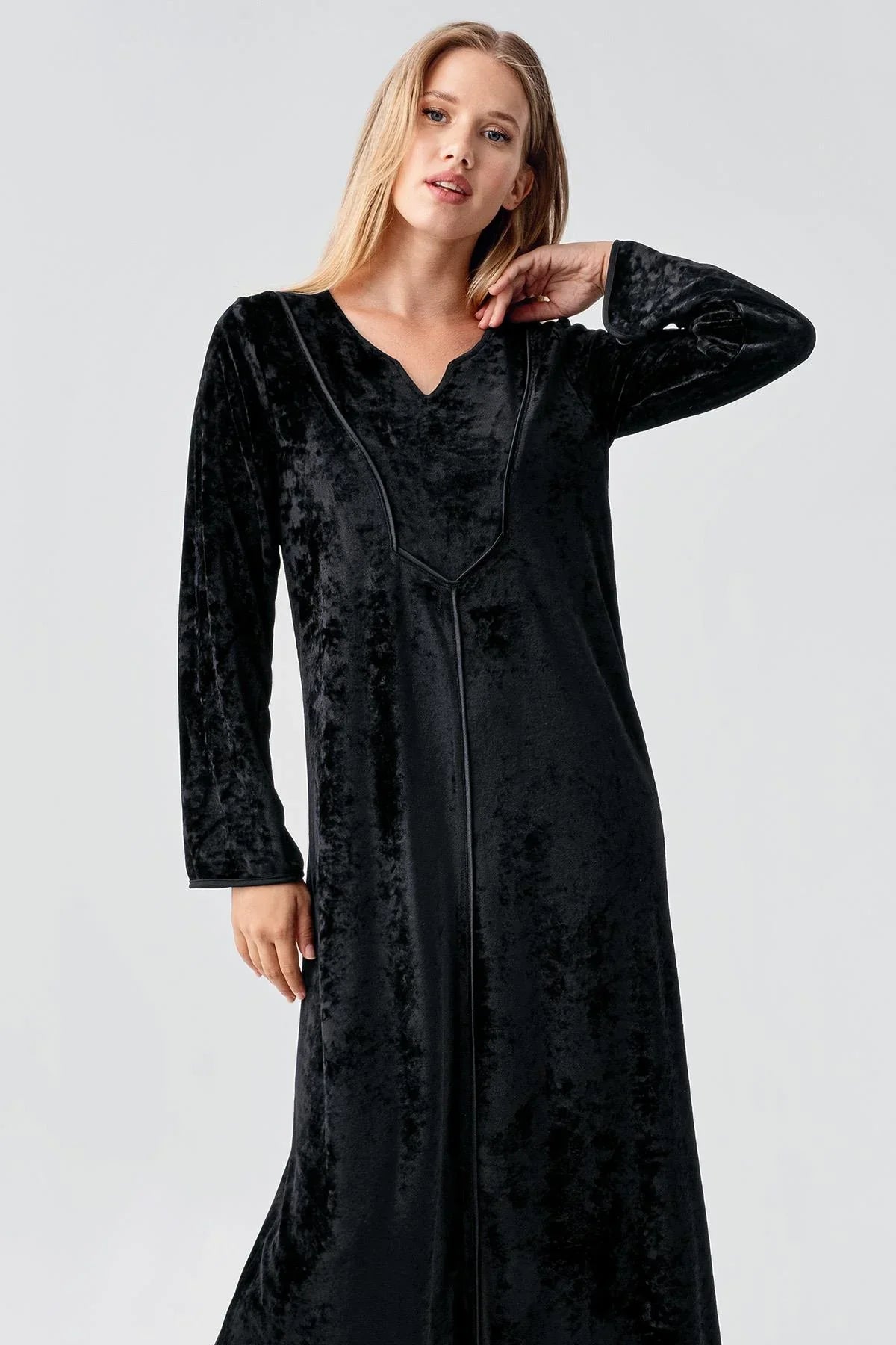 Uzun Kollu Esnek Kadife Viskoz Elbise 21117