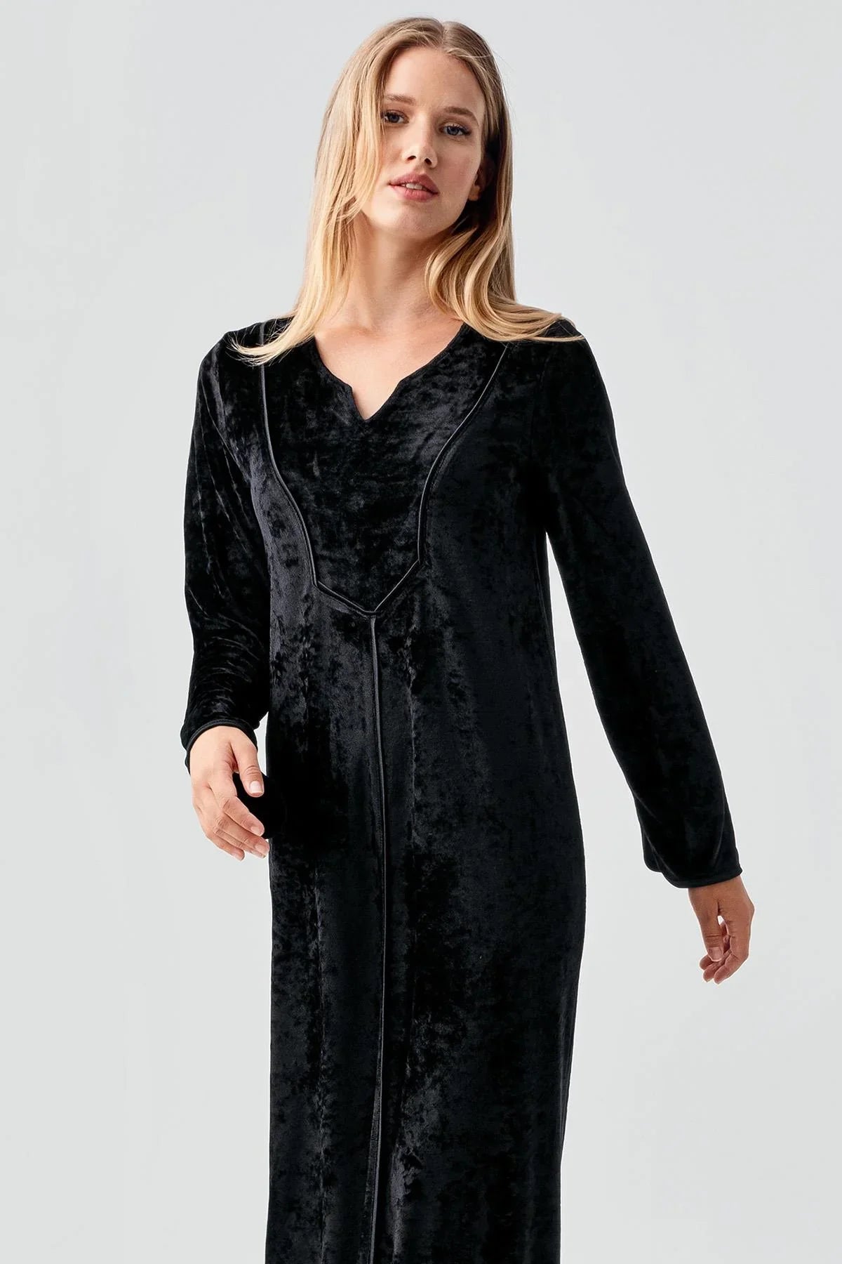 Uzun Kollu Esnek Kadife Viskoz Elbise 21117