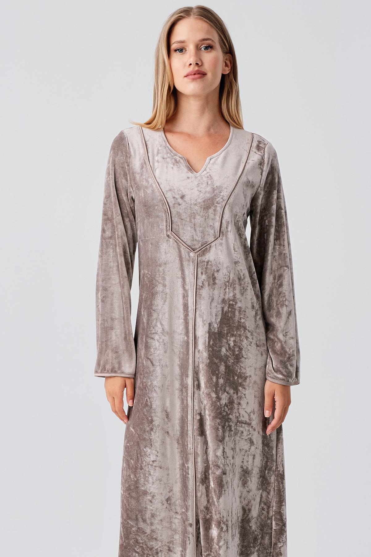 Uzun Kollu Esnek Kadife Viskoz Elbise 21117