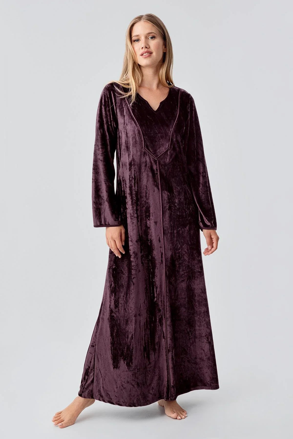 Uzun Kollu Esnek Kadife Viskoz Elbise 21117