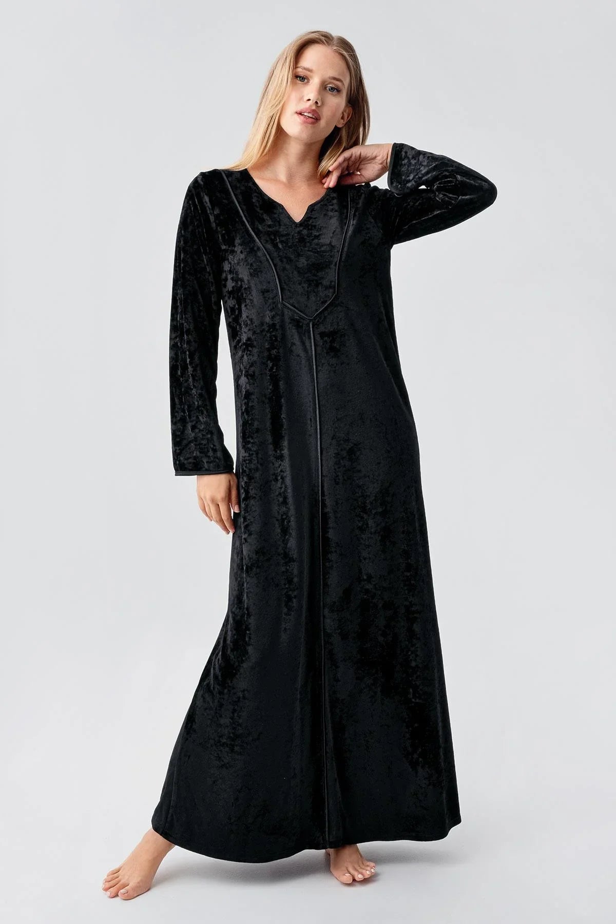 Uzun Kollu Esnek Kadife Viskoz Elbise 21117