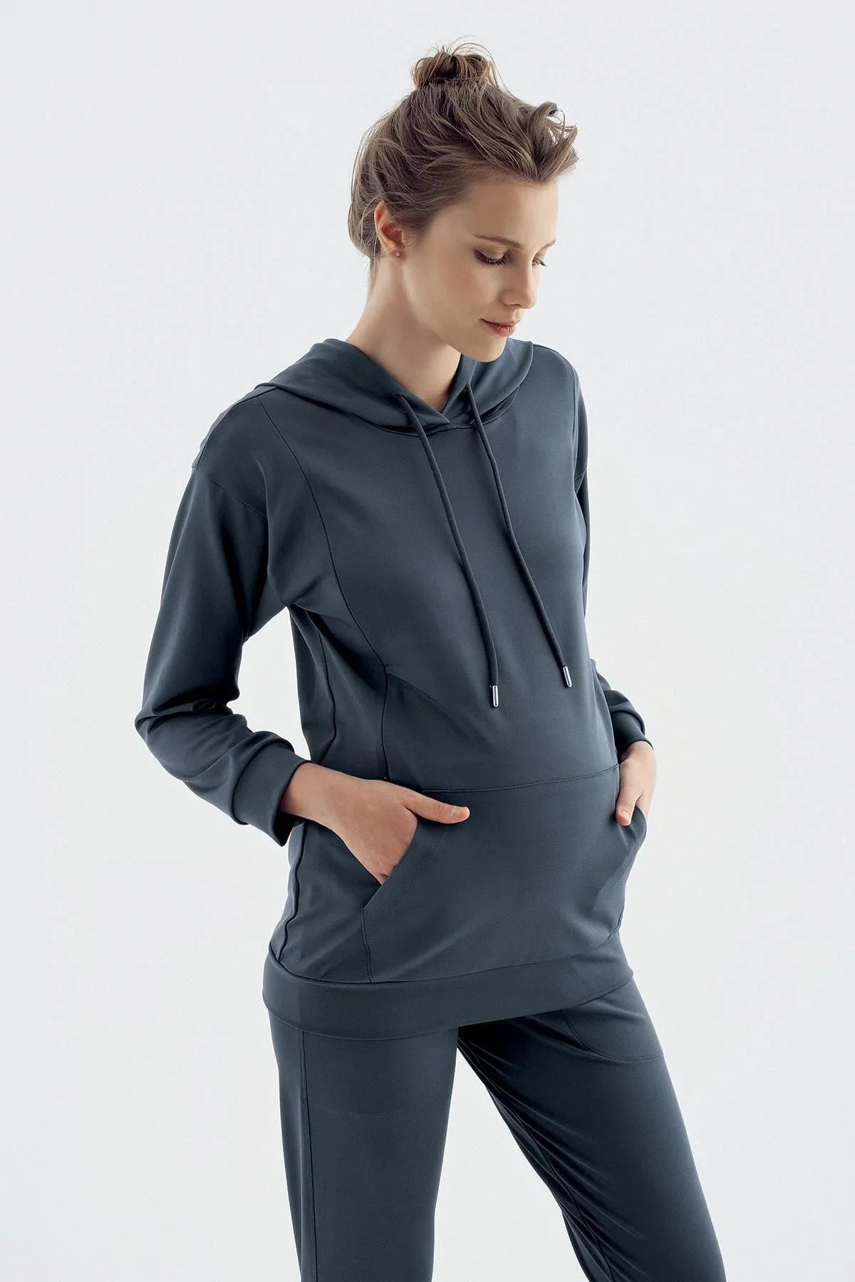 Uzun Kollu Fermuarlı Kapüşonlu Esnek Kumaş Hamile Sweatshirt SW01