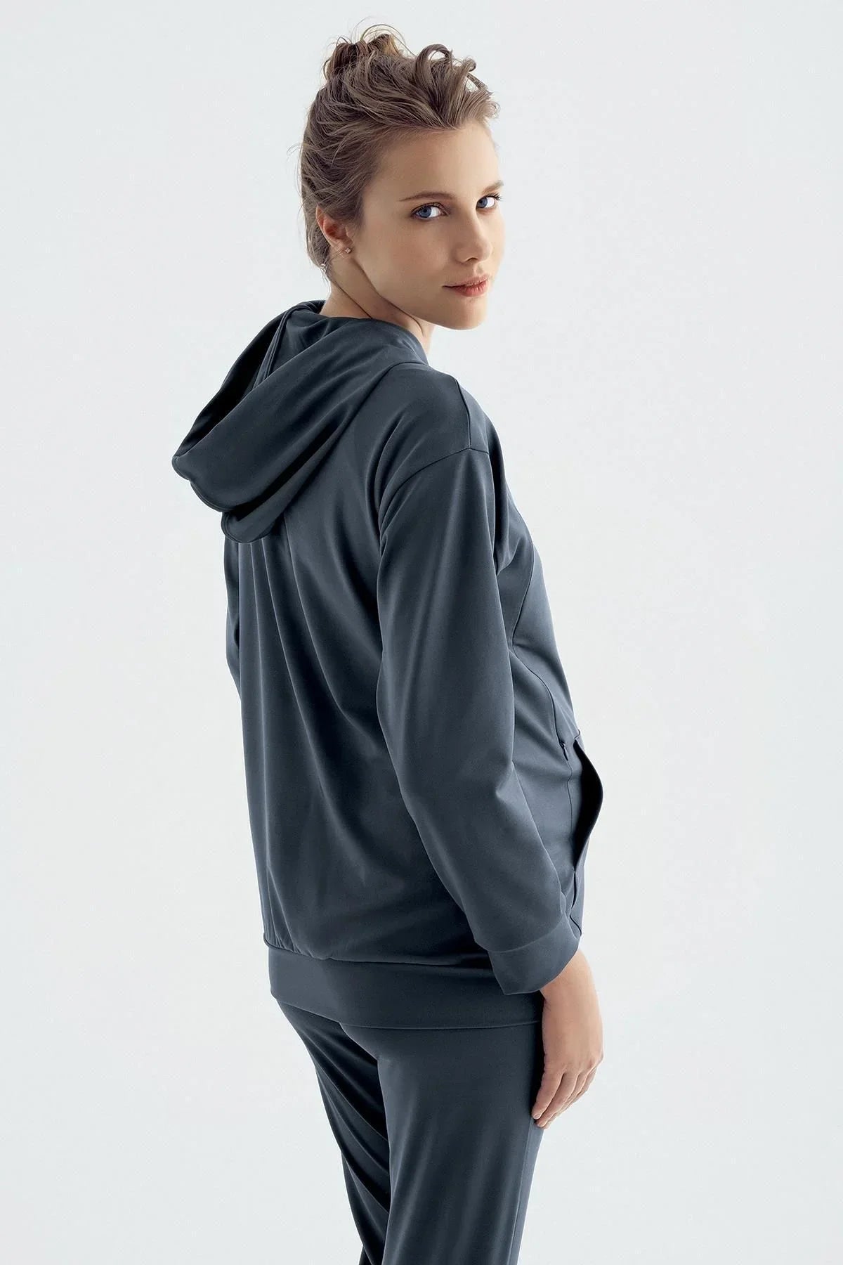 Long Sleeve Zippered Hooded Flexible Fabric Maternity Sweatshirt SW01