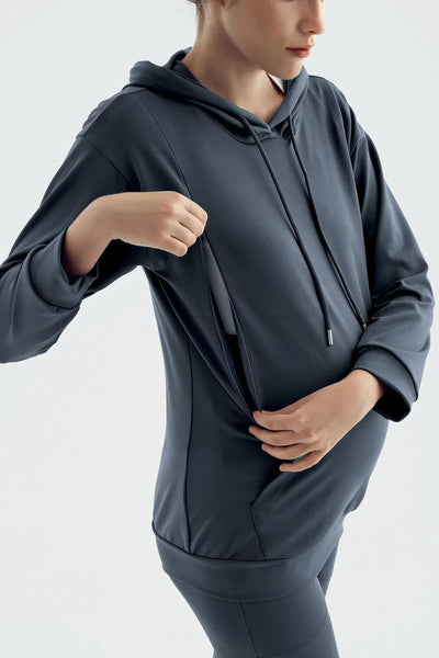 Uzun Kollu Fermuarlı Kapüşonlu Esnek Kumaş Hamile Sweatshirt SW01