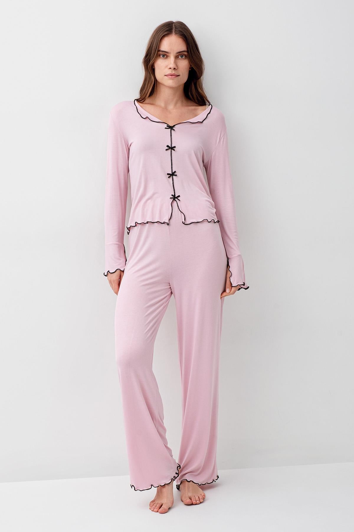 Uzun Kollu Kurdele Fiyonk Detaylı Esnek Likralı Viskoz Soft Pijama Takım 18208