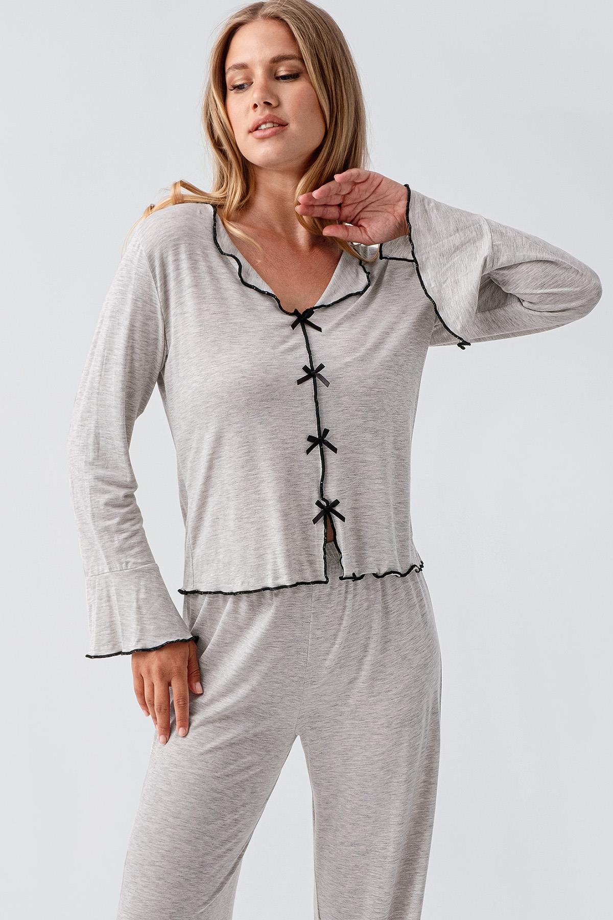 Long Sleeve Ribbon Bow Detailed Flexible Viscose Pajama Set 18208