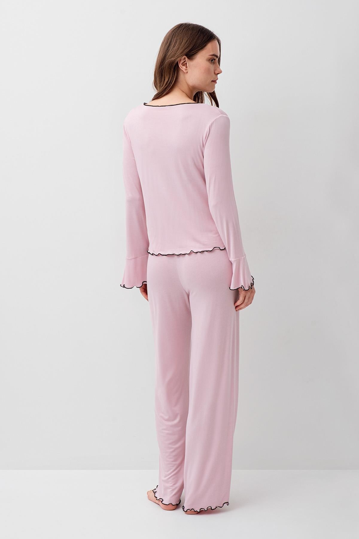 Long Sleeve Ribbon Bow Detailed Flexible Viscose Pajama Set 18208