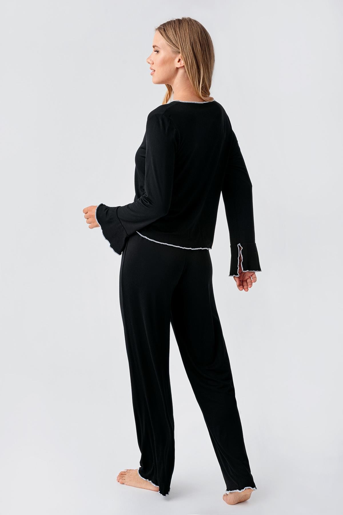 Long Sleeve Ribbon Bow Detailed Flexible Viscose Pajama Set 18208