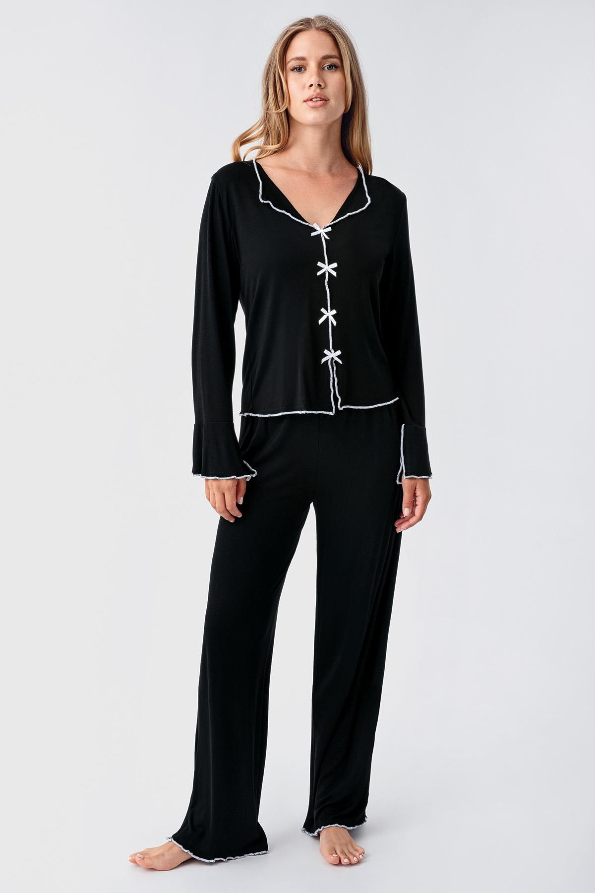 Long Sleeve Ribbon Bow Detailed Flexible Viscose Pajama Set 18208