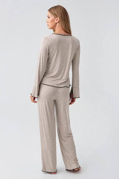 Long Sleeve Ribbon Bow Detailed Flexible Viscose Pajama Set 18208