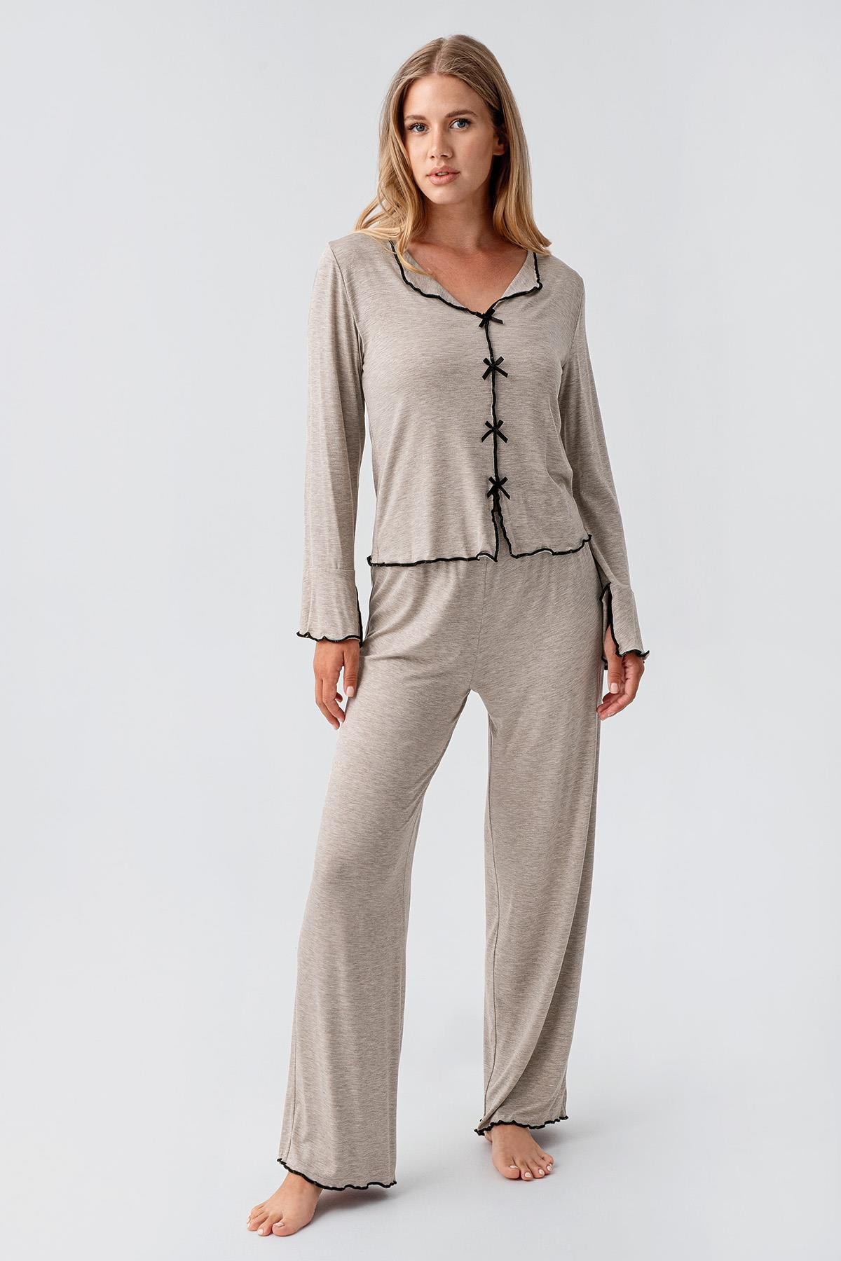 Long Sleeve Ribbon Bow Detailed Flexible Viscose Pajama Set 18208