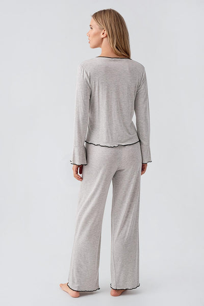 Long Sleeve Ribbon Bow Detailed Flexible Viscose Pajama Set 18208