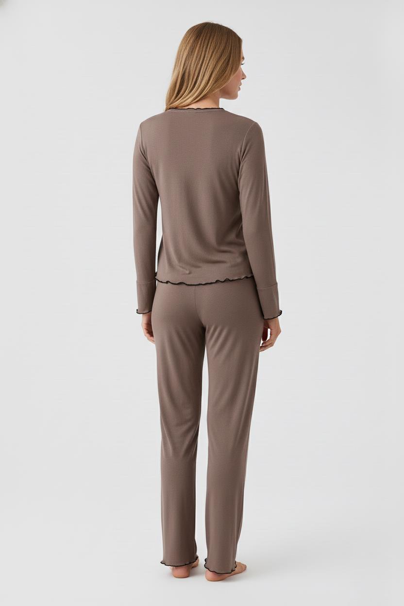 Uzun Kollu Kurdele Fiyonk Detaylı Esnek Viskoz Pijama Takım 18208