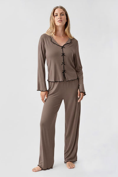 Uzun Kollu Kurdele Fiyonk Detaylı Esnek Viskoz Pijama Takım 18208