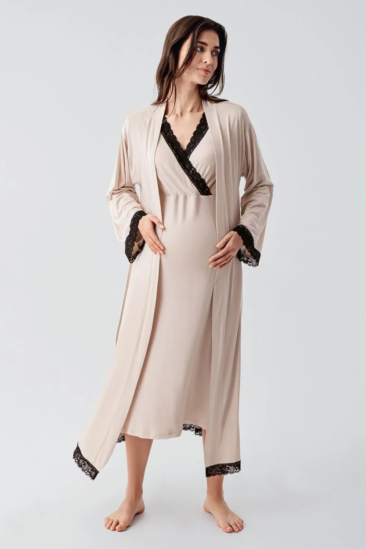 Uzun Kollu Likralı Viskoz Hamile Gecelik Sabahlık Takım 24102