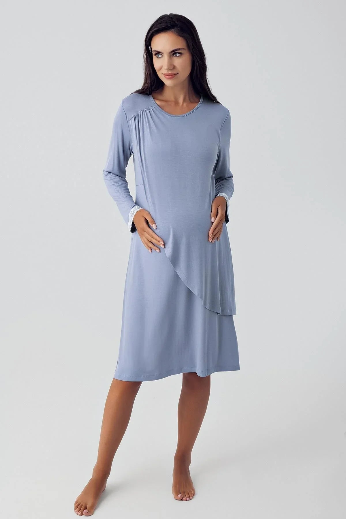 Long Sleeve Lycra Viscose Maternity Short Nightgown 15109