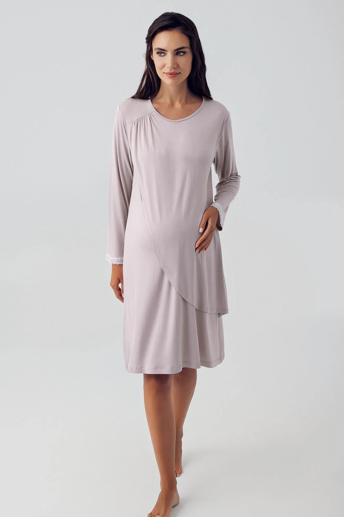 Long Sleeve Lycra Viscose Maternity Short Nightgown 15109