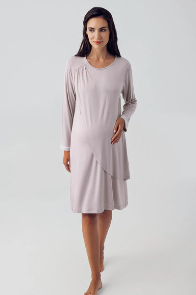 Long Sleeve Lycra Viscose Maternity Short Nightgown 15109