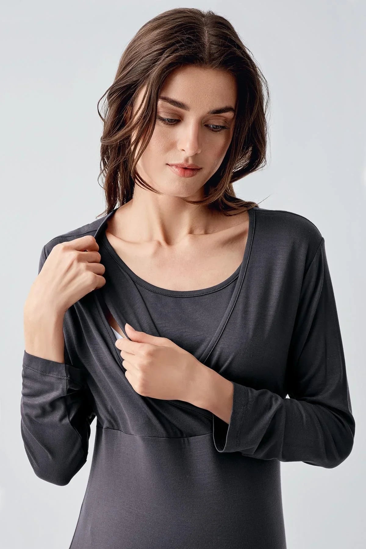 Uzun Kollu Likralı Viskoz Hamile Kısa Gecelik 21105