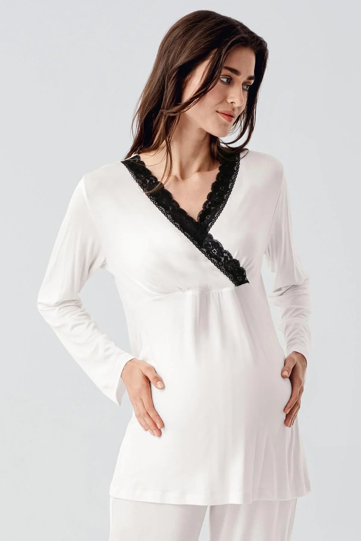 Uzun Kollu Likralı Viskoz Hamile Pijama Sabahlık Takım 23102