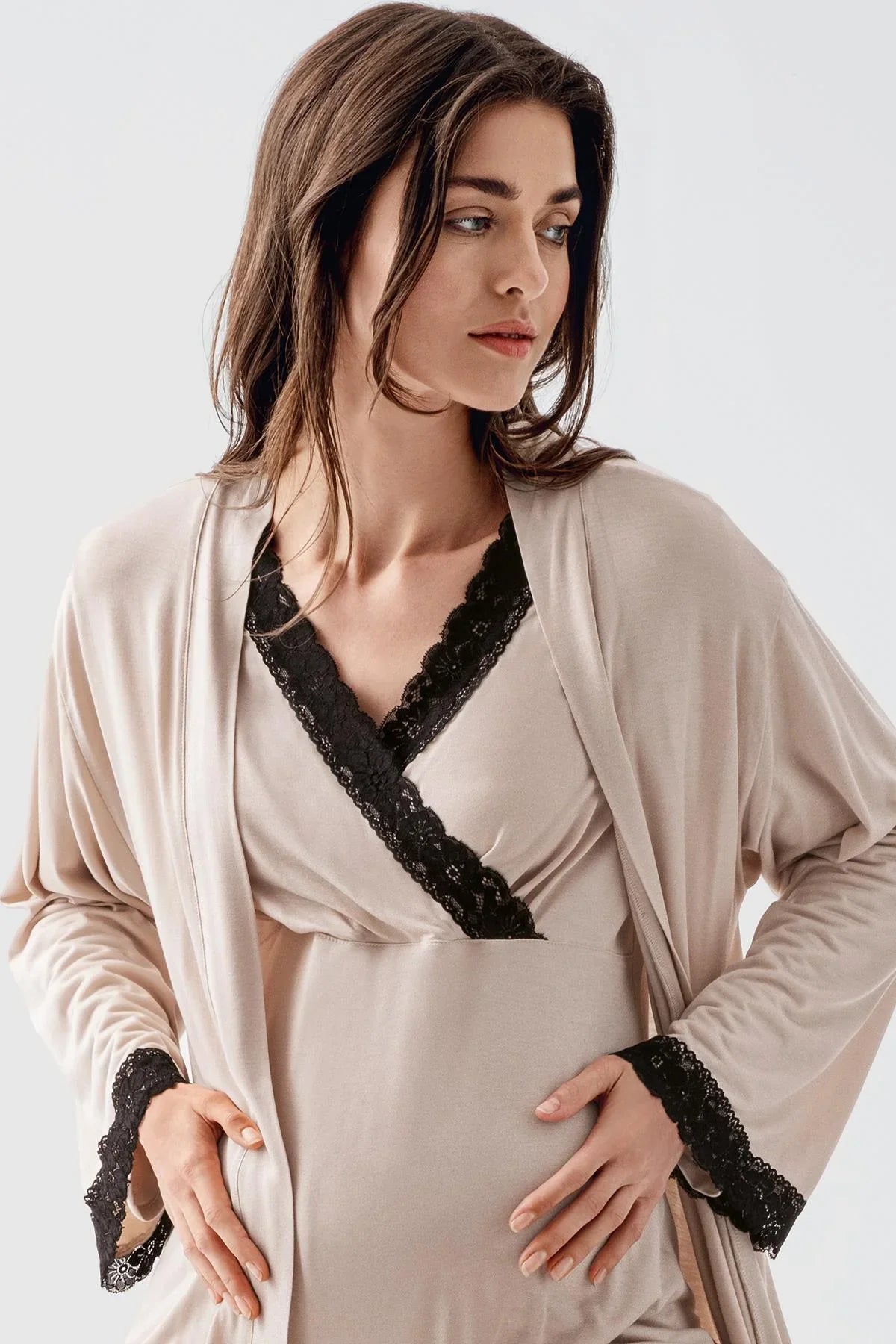 Uzun Kollu Likralı Viskoz Hamile Pijama Sabahlık Takım 23102