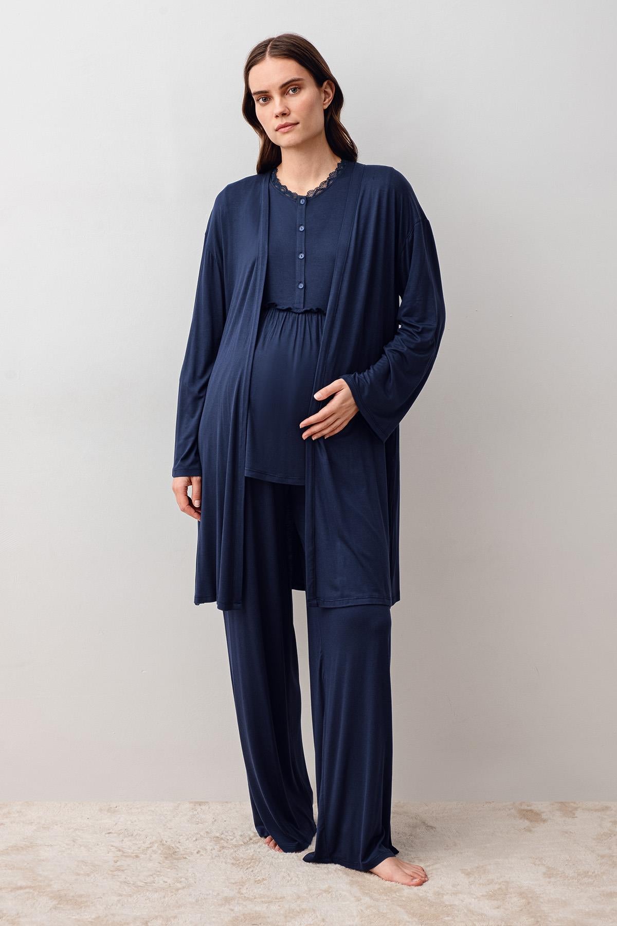 Uzun Kollu Likralı Viskoz Hamile Sabahlık Pijama Takım 20302