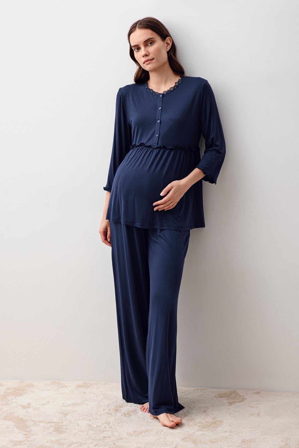 Uzun Kollu Likralı Viskoz Hamile Sabahlık Pijama Takım 20302