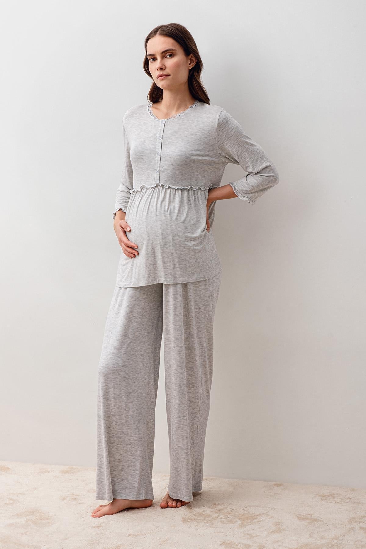 Uzun Kollu Likralı Viskoz Hamile Sabahlık Pijama Takım 20302