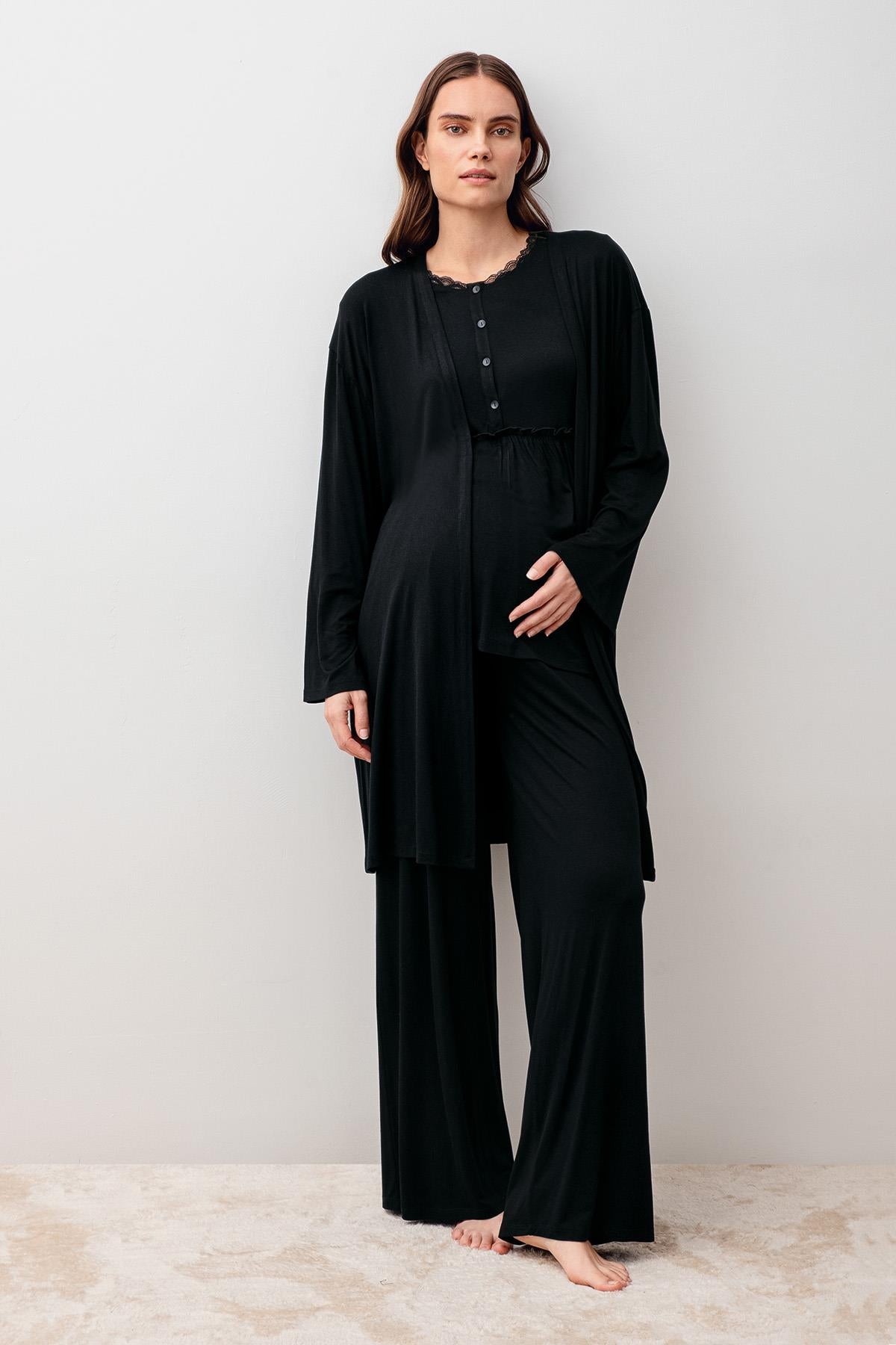 Uzun Kollu Likralı Viskoz Hamile Sabahlık Pijama Takım 20302