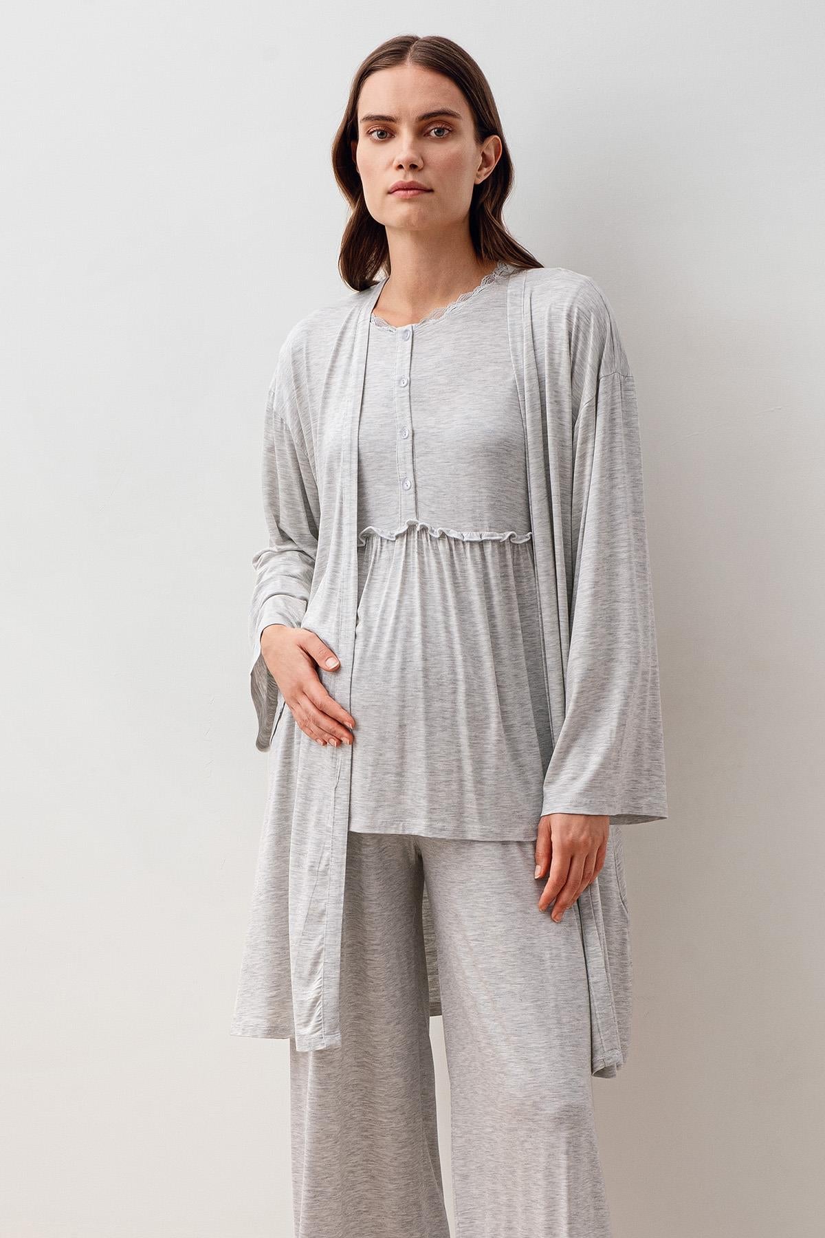 Uzun Kollu Likralı Viskoz Hamile Sabahlık Pijama Takım 20302