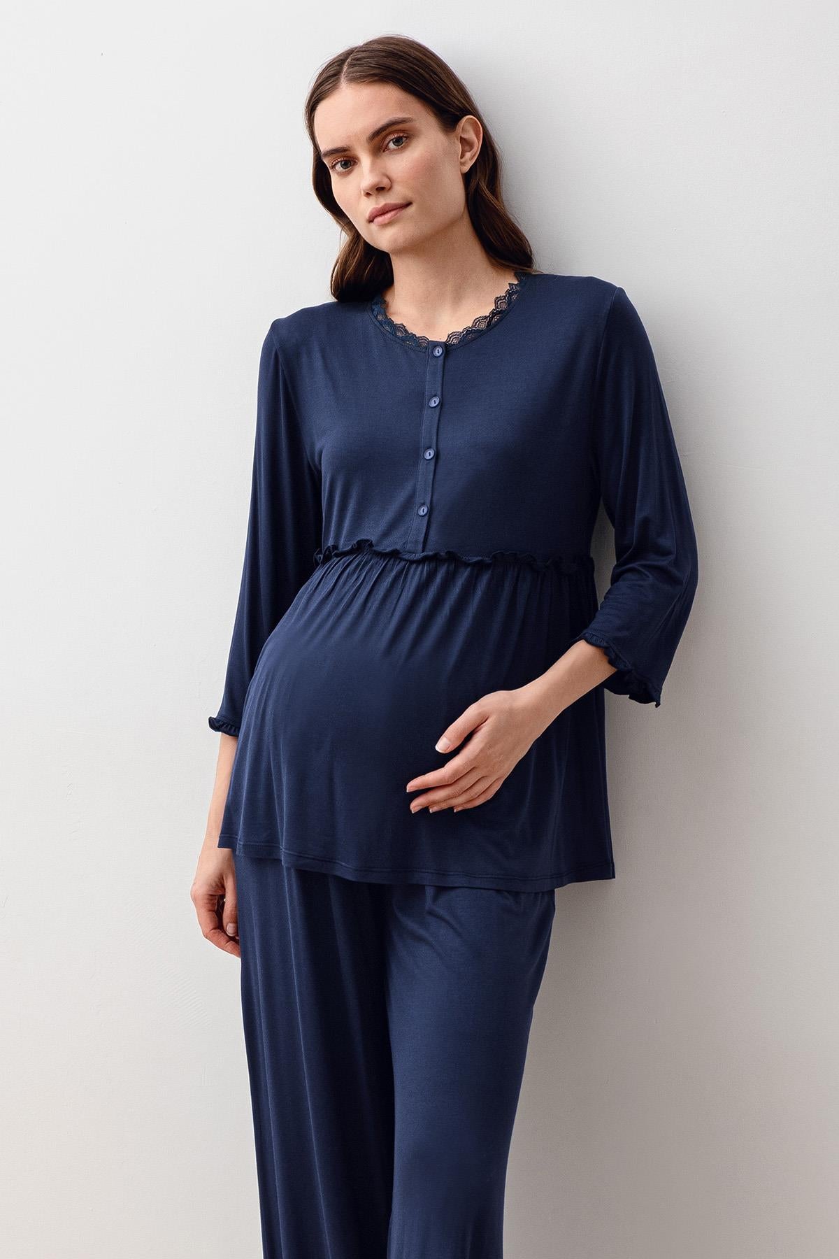 Uzun Kollu Likralı Viskoz Hamile Sabahlık Pijama Takım 20302