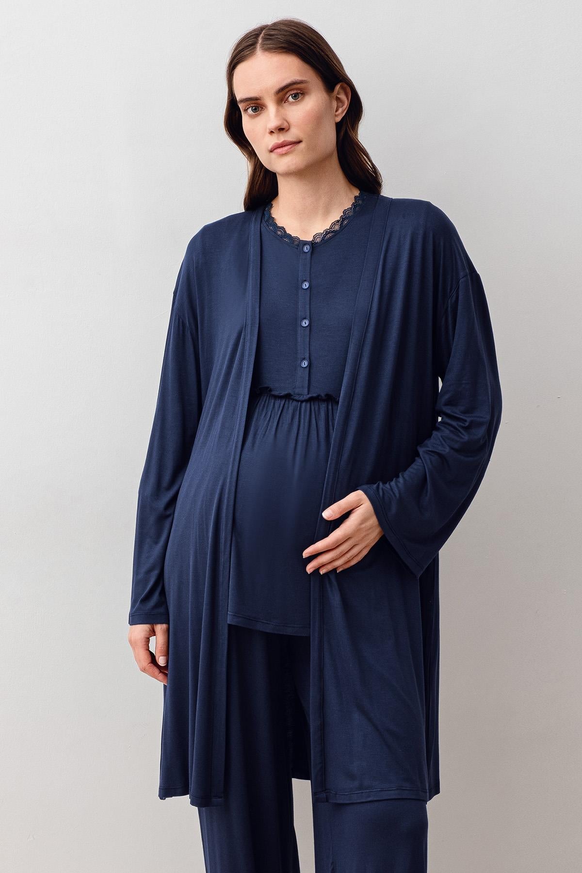 Uzun Kollu Likralı Viskoz Hamile Sabahlık Pijama Takım 20302