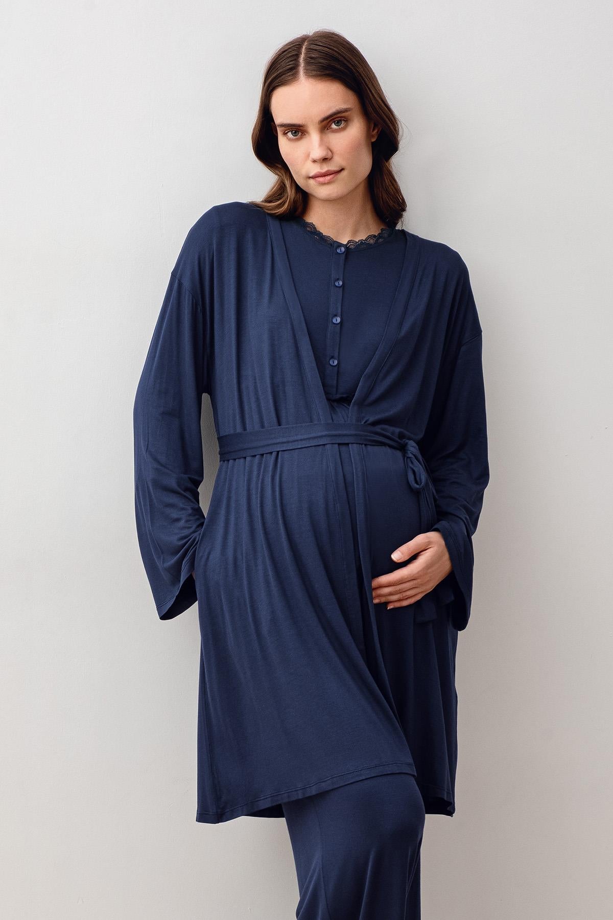 Uzun Kollu Likralı Viskoz Hamile Sabahlık Pijama Takım 20302