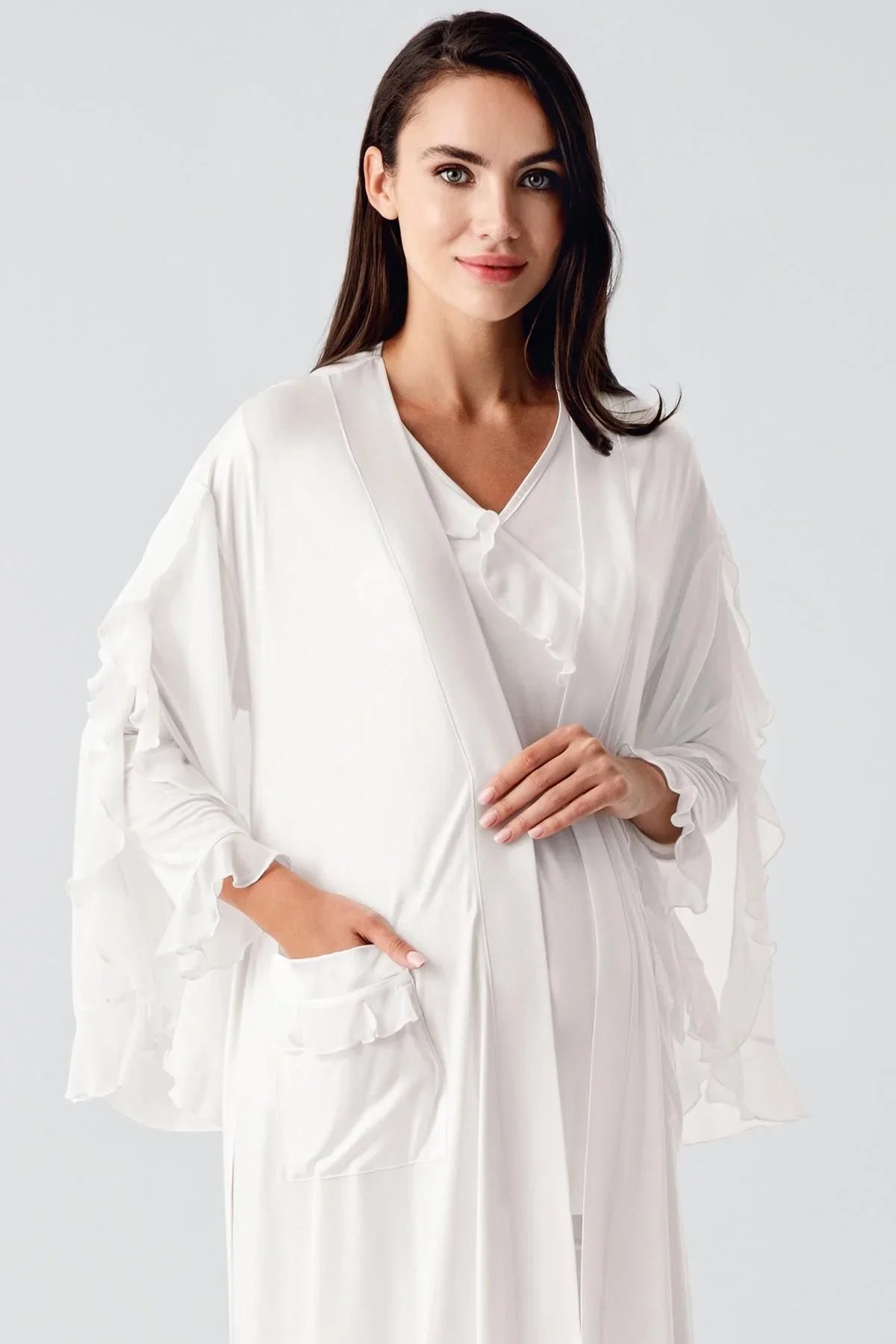 Uzun Şifon Kollu Esnek Vizkoz Hamile Sabahlık Pijama Takım 23106