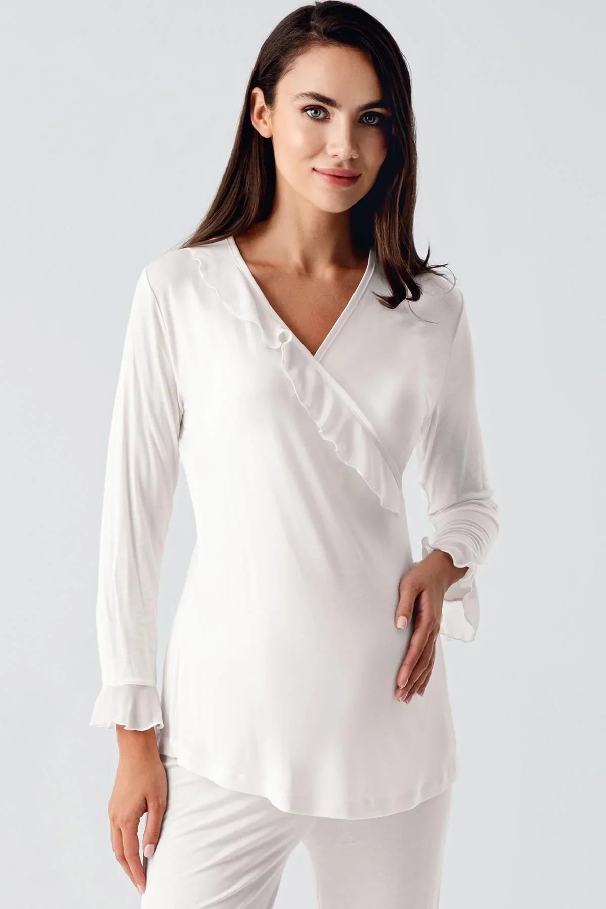 Uzun Şifon Kollu Esnek Vizkoz Hamile Sabahlık Pijama Takım 23106