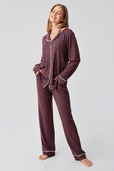Uzun Kollu Düğmeli Esnek Yumuşak Dokulu Viskoz Pijama Takım 18217