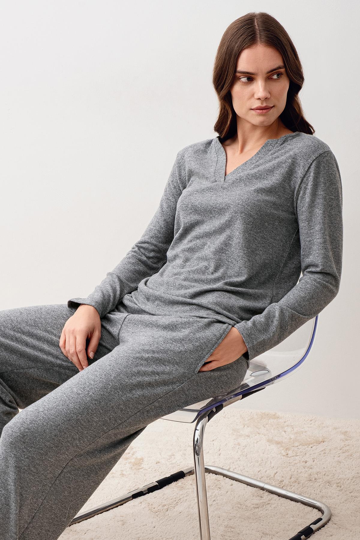 Uzun Kollu Yumuşak Dokulu Esnek Viskoz Pijama Takım 20209