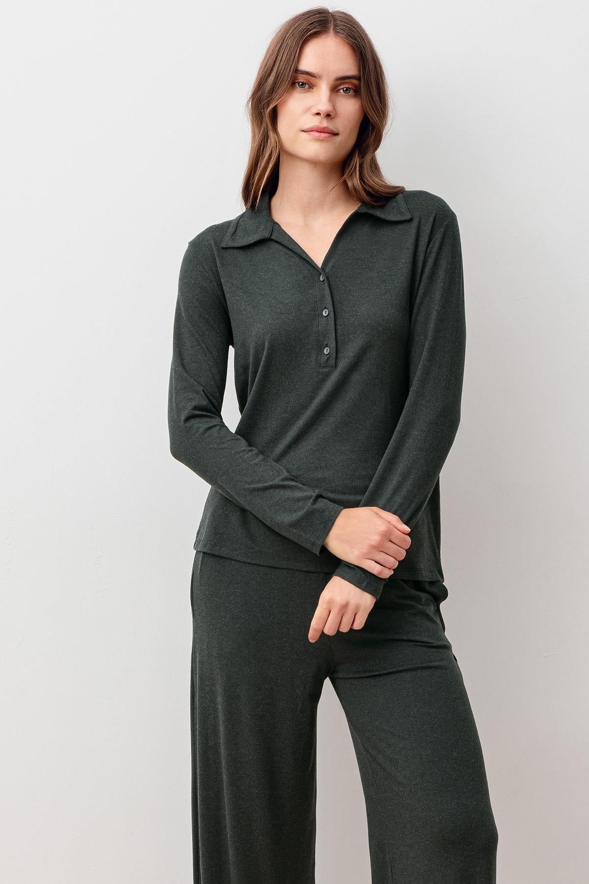 Uzun Kollu Düğmeli Yumuşak Dokulu Esnek Viskoz Pijama Takım 20203